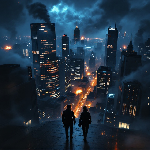 A dramatic bird's-eye view of a sophisticated, modern cityscape illuminated at night, with shadows of faint explosions subtly appearing in specific corners to represent unrest. Silhouetted figures of secret agents in action (with covert gear and watchful postures) dominate the foreground. The title is seamlessly integrated with smoke rising from the background, adding tension and depth. Arabic calligraphy-like embellishments grace the corners, symbolizing the "حس مدیریتی بسیار خاص.".