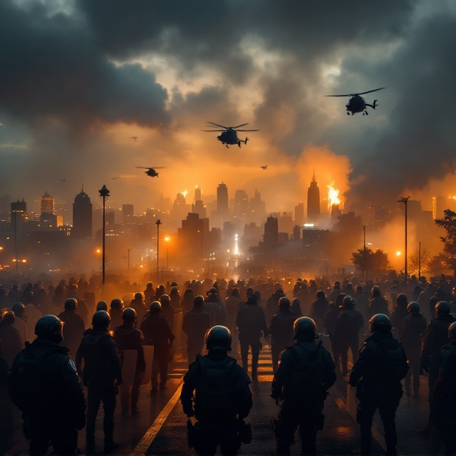 The cover features a panoramic dusk view of a sprawling modern city enveloped in smoke and chaos. In the foreground, a line of heavily equipped riot police with shields and helmets stands in formation, their dark silhouettes illuminated by the warm glow of streetlights. Above, ominous military helicopters hover, their searchlights cutting through the smoky air. The distant skyline is partially obscured by smoke and flames, while faint details of calm begin to emerge in the far background, symbolizing eventual control. The color palette is a combination of dark tones like black, gray, and deep blue, contrasted with glowing warm hues like orange and red, giving the scene a sense of tension.