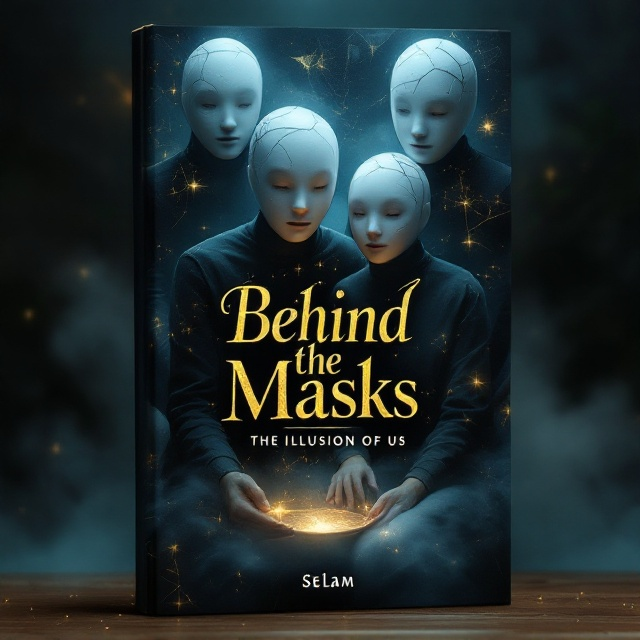 A surrealist illustration of a family—mom, dad, brother, and sister—sitting together in an intimate but void-like space. Each family member is wearing porcelain masks with visible cracks or fractures. Behind them are fragmented mirror pieces reflecting distorted images of their faces. The background is a gradient of dark blues fading into deep black, with faint golden sparks illuminating around the cracks of the masks, hinting at hidden truths. The title is centrally placed, layered over the image, surrounded by faint, eerie mist.