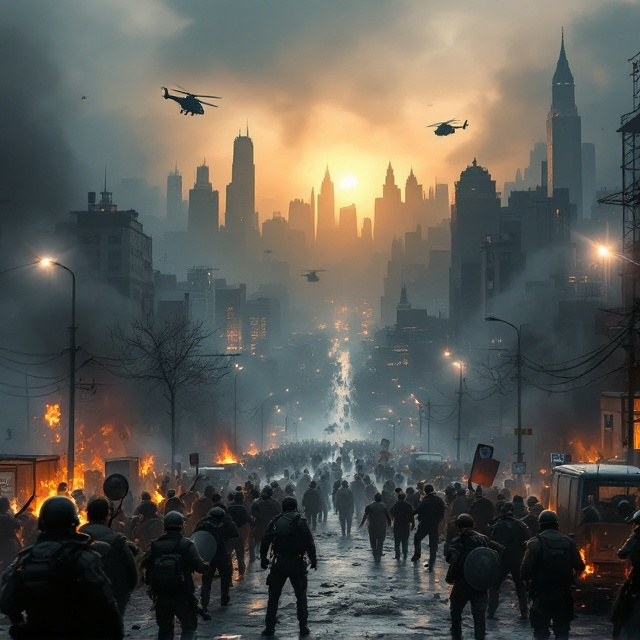 A hyper-realistic riot scene in a sprawling, modern metropolis rendered in muted, dark colors. The skyline of the city dominates the background, lit by the faint, warm glow of a smoky sunset. Street-level chaos includes civilians holding stones and weapons in the foreground, contrasted by a line of militarized security forces wielding shields and batons. Military helicopters with searchlights hover above, cutting through smoke and ash. Small fires burn at street corners while shattered glass and debris scatter across the ground. The tension of the scene gradually transitions to a calmer background near the book’s spine, symbolizing order slowly being restored.