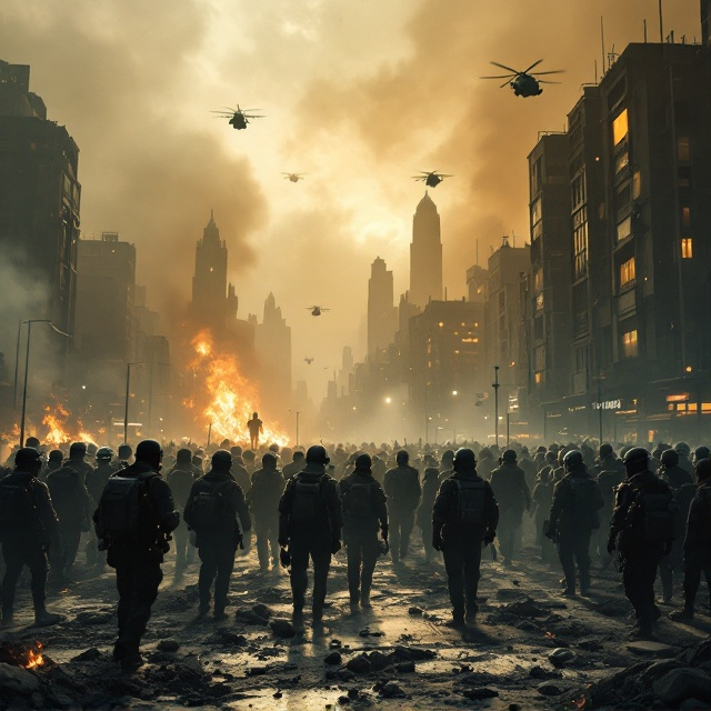 A gutted modern city stands under a sepia-toned, smoky sky. In the foreground, there is a tense standoff between a line of stone-faced riot police equipped with shields and helmets and an unruly crowd of rebels with faces obscured by scarves, holding stones and improvised weapons. Flames and burning debris scatter in the corners of the scene, and in the sky above, military helicopters loom with searchlights piercing the haze. A shadowed figure, representing a covert operative, fades into the background with a faint hint of their piercing eyes observing from the smoke.