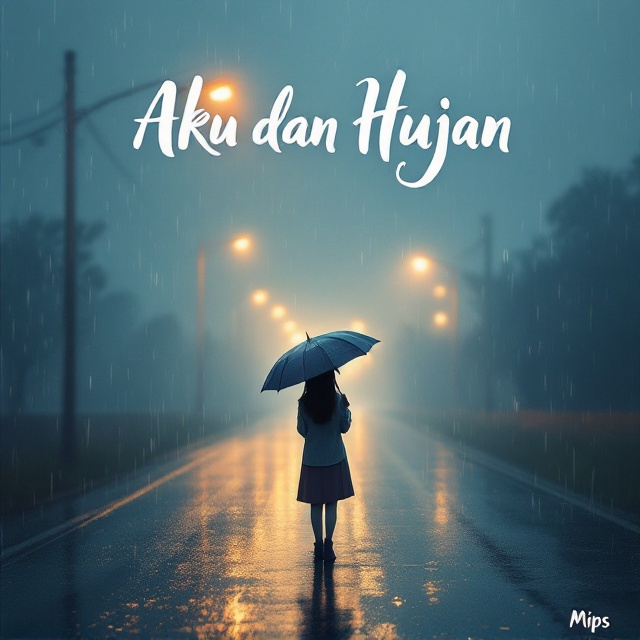 A soft, misty depiction of a desolate road in the rain under the glow of a faintly warm streetlamp. A young girl, her figure slightly blurred by the rain, stands motionless in the middle of the road. She holds a half-opened umbrella tilted to her side, allowing rain to freely fall on her. There is a glowing reflection of the light on wet asphalt, blending blue and gray hues. Raindrops are clearly visible in the glow of the streetlamp, adding texture to the scene.