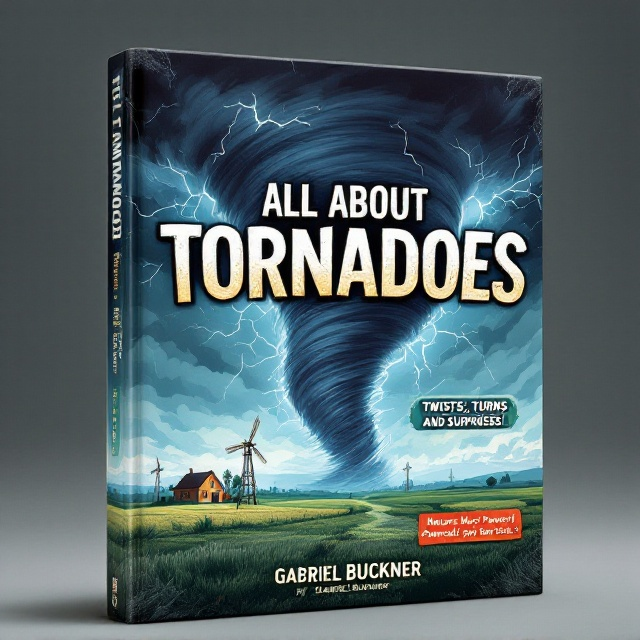 A dramatic cover dominated by a massive, swirling tornado funnel in the center, with dark storm clouds behind it. On the left side, a peaceful rural landscape with a small house and windmill fades into the chaos, illustrating the calm before the storm. Lightning bolts slash through the sky, one striking through the bold title. The EF Scale in a gradient of green to red sits at the bottom right, next to a small, cartoon-like diagram showing how tornadoes form. The edges of the design are accentuated by swirling debris and wind effects, creating a dynamic framing. The tagline “Nature’s Most Powerful Spin Cycle!” is placed in the bottom third, with a small tornado safety tip beneath it.