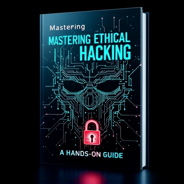 A dark background with a gradient effect transitioning from deep navy blue to black, symbolizing mystery and sophistication. Overlaid on top is a glowing circuit board motif in neon green and blue, forming the outline of a hacker’s mask in the center. Subtle data streams run diagonally across the cover, creating motion. A red lock icon with a shattered effect sits prominently near the bottom, adding intrigue and representing ethical hacking themes.