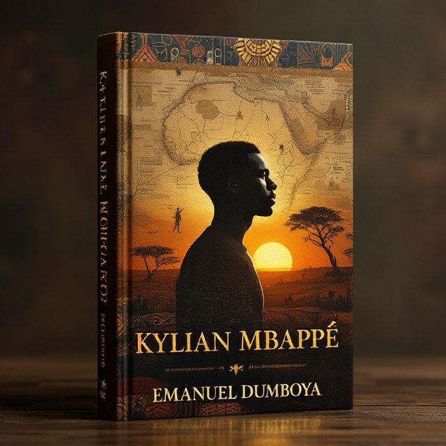 A striking composition features Kylian Mbappé’s silhouette emerging from a background of earth tones and vibrant patterns inspired by traditional African textiles. In the background, faint colonial maps and historical imagery blend with abstract shapes, representing Africa's historical scars. A subtle golden light outlines his figure, symbolizing both resilience and legacy. The horizon transitions into a glowing sunset, uniting Mbappé’s modern image with Africa's deep-rooted history. The overall color palette incorporates deep browns, oranges, and golds, evoking warmth and heritage.
