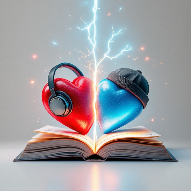 The cover features a split design, vertically dividing the image into two halves. On the left side, a red heart wearing sleek, modern auricular headphones rests elegantly, leaning on the corner of an open book with glowing pages, creating a mystical aura. On the right side, a blue heart, slightly tilted, wears a trendy backward cap while holding a lit-up smartphone glowing in soft light. Sparks of lightning connect the two halves, crossing right at the center to symbolize connection and discord. A crisp white background amplifies the vividness of the hearts and their associated objects, with small sparkles and subtle magical swirls scattered around.