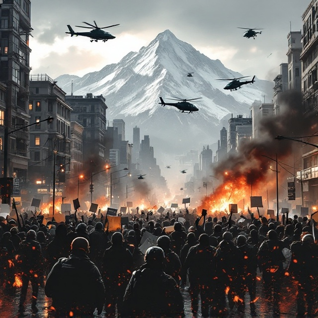 Chaotic city streets in the foreground, with protesters waving signs and banners on one side and security forces armed with shields, guns, and riot gear on the other. Helicopters loom overhead, captured mid-flight with spotlights scanning the tumultuous crowd. The background features well-detailed skyscrapers with some broken windows and fire smoke wafting into the sky. Toward the horizon, strikingly beautiful snow-capped mountains dominate the scenery, symbolizing hope, peace, or what’s at stake. Lurking in the shadows of the foreground protesters are indistinct figures, symbolizing secret agents. The color palette employs dramatic shades of gray, red, and orange, contrasting chaos with the calm tone of the distant mountains.