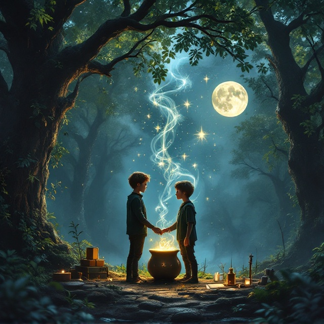 Two boys are depicted standing on the edge of a dense, mystical forest. They are positioned close to one another, gazing into each other’s eyes with subtle affection. The moonlight filters through the towering oak trees adorned with glowing green leaves. A magical cauldron levitates between them, with ethereal smoke curling upward, forming delicate images of stars and runes. Scattered around are magical tools like a wand, crystals, and a small grimoire. The backdrop is a hazy forest that fades into darkness, giving a sense of mystery and enchantment.