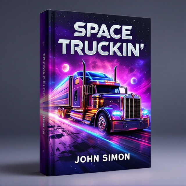 A sleek, metallic space semi-truck with glowing neon accents is shown flying diagonally from the bottom left corner toward the top right, cutting through vibrant, swirling nebulae in shades of deep purple, pink, and electric blue. Stars sparkle faintly in the background, and planetary silhouettes appear in the distance. The truck's headlights and underglow cast shimmering streaks of light through the cosmic mist, emphasizing its movement.