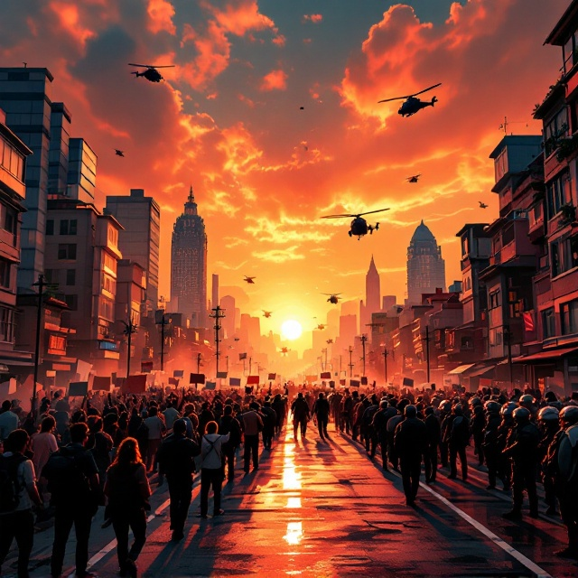 A dramatic depiction of an urban street engulfed in chaos occupies the cover. On the left, protesters are grouped together with raised fists, placards, and banners conveying their dissatisfaction. On the right, a contingent of armed security forces is stationed, lined with shields and tactical gear. The backdrop showcases a sprawling cityscape, with modern skyscrapers blending into traditional lower-income housing, visually representing class disparity. Helicopters circle overhead, cutting through a vibrant yet ominous sunset sky. Pastel-colored mountains are faintly visible in the distance, framing the scene. Color grading uses deep reds, oranges, and muted blues to heighten the tension and duality of the scene.
