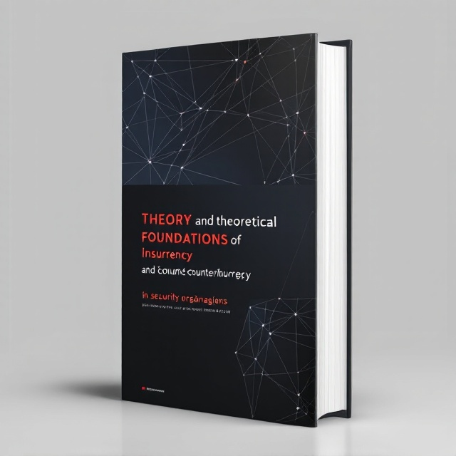 A minimalist yet modern design that uses an abstract, geometric pattern to represent the complexity of theoretical foundations. Dynamic intersecting lines and nodes symbolize networks and conflict strategies. The background features a gradient blend of dark navy blue and black to evoke seriousness and professionalism. Subtle red accents reflect tension and urgency while emphasizing "insurgency" and "counterinsurgency.".