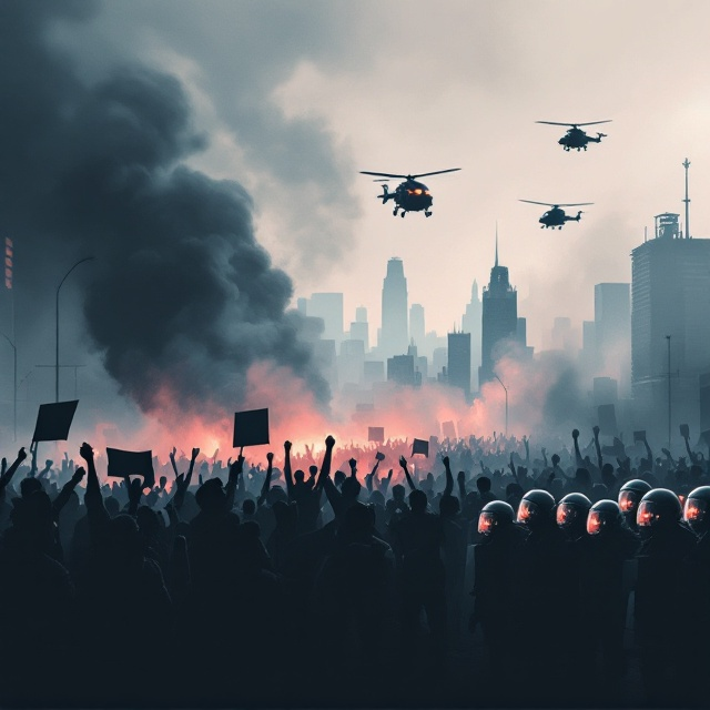 A smoky urban skyline dominates the background, depicting a city in upheaval. In the foreground, a crowd of protestors is faintly visible, illustrated as silhouettes with raised fists and banners. To the right, a line of police officers holding shields and anti-riot gear stands in silhouette, facing the crowd. Overhead, military helicopters with glass cockpits streak across the sky, with spotlights shining downward, cutting through the smoke. The entire composition is unified by a muted color palette of dark blues, greys, and subtle pops of red, signifying tension.