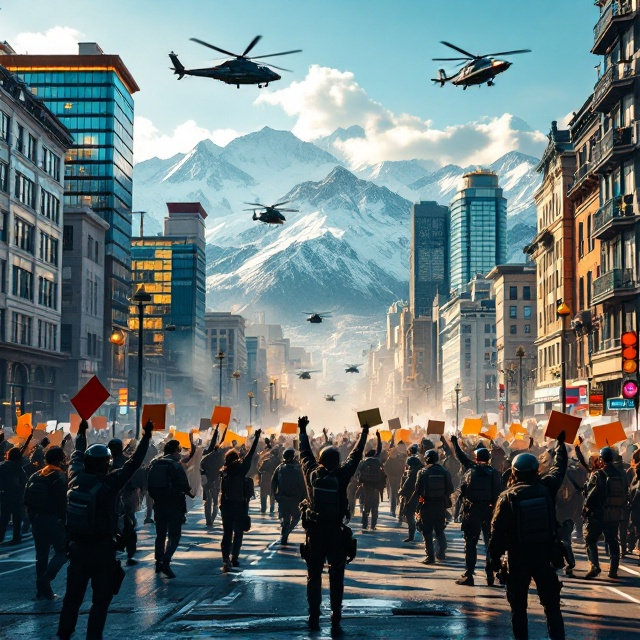 The cover portrays a city street engulfed in chaos. Protesters are seen scattered across the foreground, raising signs and fists to depict societal unrest. Opposing them, security forces stand stoically in formation, wielding weapons and riot gear, creating tension. In the sky above, several helicopters hover, accentuating the atmosphere of surveillance and control. The background features a modern city's skyline with a mix of glass skyscrapers and older buildings, with picturesque, snow-capped mountains visible in the horizon under a serene blue sky. The warm tones of the city's buildings contrast with the dark, shadowy elements of the confrontation and helicopters, creating visual tension.