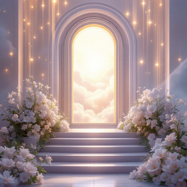 A large arched window is centered on the cover, surrounded by ethereal, glowing light in hues of gold, soft lavender, and pastel blue. Outside the window, a radiant, celestial scene is depicted — a dreamy bright sky with layers of clouds leading up to a mystic staircase covered in floral motifs. The staircase ascends toward a heavenly glow, with fragrant flowers floating gently around the window. Soft, diffused beams of light cascade outward through the open window, blending seamlessly into the background.