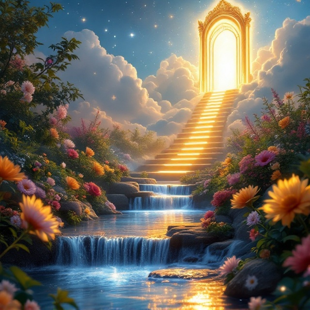 A radiant garden takes center stage, featuring cascading blue waters of a stream surrounded by vibrant, gleaming flowers bathed in soft glow. A brilliantly lit ladder extends upward past clouds to a divine throne, pulsating with luminous golden light, set against a bright celestial sky. Subtle rays of varying colors dissolve into the image, creating a dreamy, ethereal effect. The corners of the cover are softly blurred, giving the sense of stepping into a surreal, heavenly scene.