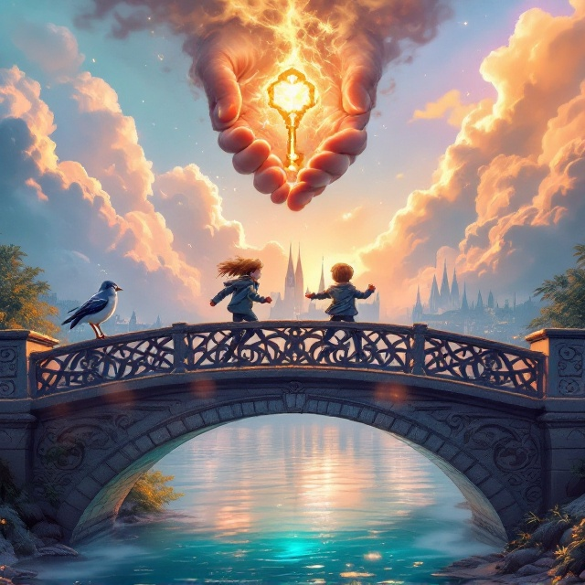 The cover features a vibrant, enchanted scene. The boy and girl appear mid-action, running across an ornate stone bridge that arches over shimmering turquoise water reflecting the clouds. The girl’s blond ponytail streams behind her, her parka flapping open slightly, while the boy adjusts his glasses as he runs. Above them, the magical key radiates faint golden light, suspended midair and held delicately by a giant, ghostly hand emerging from swirling, magical clouds. A common myna bird perches on the intricately carved railing of the bridge, its feathers glistening like a prism. The background reveals Copenhagen’s iconic towers silhouetted against whimsical peach-and-lavender-hued clouds, with subtle smoke tendrils rising from unseen fires.