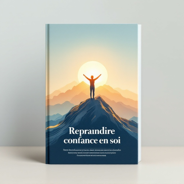 A tranquil mountain peak bathed in soft golden sunlight occupies the upper two-thirds of the cover. A silhouette of a person standing confidently on the summit, their arms outstretched, conveys a sense of triumph and self-assurance. The background blends soothing pastel gradients of blue and golden yellow, symbolizing calm growth and optimism. The bottom third of the cover features abstract, radiating lines that converge subtly toward the title, drawing the reader's focus.