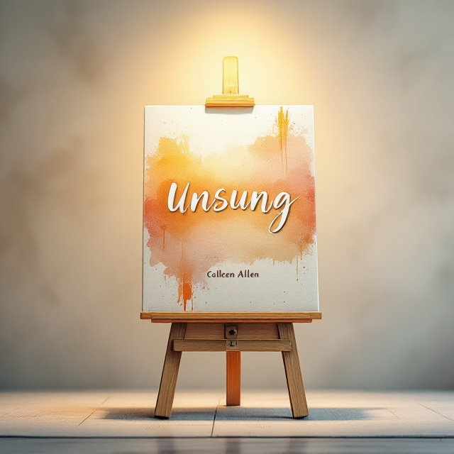 A painting easel stands under a soft spotlight against a blurred, textured background with warm tones of amber and cream, gradually fading to neutral grays. On the easel, instead of a painting, there’s the word “Unsung” in bold, brush-stroke style, appearing as though it was painted onto the canvas. Faint streaks and spatters of watercolor paint surround the easel, adding vibrance and a sense of artistic motion. Below the title, the author's name “Colleen Allen” appears in a softer, handwritten script to contrast the boldness of the title.