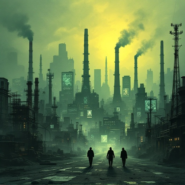 A dystopian city skyline stretches across the background cloaked in hues of grey and green with streaks of yellow as if hazy sunlight fights to pierce through the oppressive atmosphere. Skyscrapers are built upon old-fashioned factory chimneys, intertwining with digital screens displaying manipulated advertisements—symbolizing corporate control over society. Shadowy silhouettes of human figures walk below the overpowering skyline, evoking the struggle of common people caught in the machinery of demand and obsolescence. A subtle texture of crumpled paper overlays the background to reinforce the themes of waste and obsolescence.