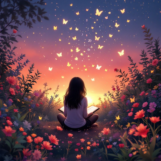 The cover showcases a dark-haired girl sitting cross-legged, immersed in writing in her notebook. Her facial expression is soft and contemplative. A lush garden surrounds her, filled with vibrant flowers and softly glowing luciérnagas (fireflies) floating in the dusk. From her open notebook, colorful numbers and butterflies emerge, swirling upward into the twilight sky, creating an ethereal and whimsical atmosphere. The background gradually fades from a warm orange to a dusky purple, suggesting love, warmth, and the passage of time.