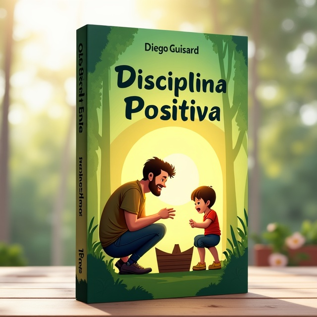 A warm illustration featuring a father crouched down at eye level with his young child, both laughing while building a small wooden boat together. The background is a gradient green representing harmony and growth, with subtle tree silhouettes to represent a nurturing environment. A gentle sunlight effect filters through, creating a hopeful and approachable mood.