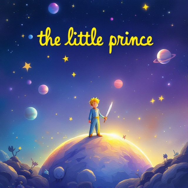 A whimsical, painted-style depiction of the little prince standing on a small asteroid with a sword in hand, ready for adventure. Surrounding him are floating planets, stars, and a few imaginative creatures that add a playful, adventurous tone. The background is a gradient of deep blues fading into vibrant purples with scattered, glowing stars.
