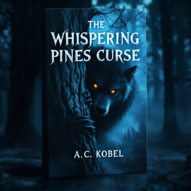 The cover features a dimly lit, dense forest bathed in a cold bluish-gray hue. In the foreground, the silhouette of a werewolf figure can be seen partially obscured, peering ominously from behind a thick tree trunk. The werewolf's glowing amber eyes are the focal point, cutting through the darkness with an unsettling gaze. Background details include mist weaving ominously through the trees, with faint claw-mark scratches etched into the bark, and shadows suggesting hidden movement beyond the immediate view.