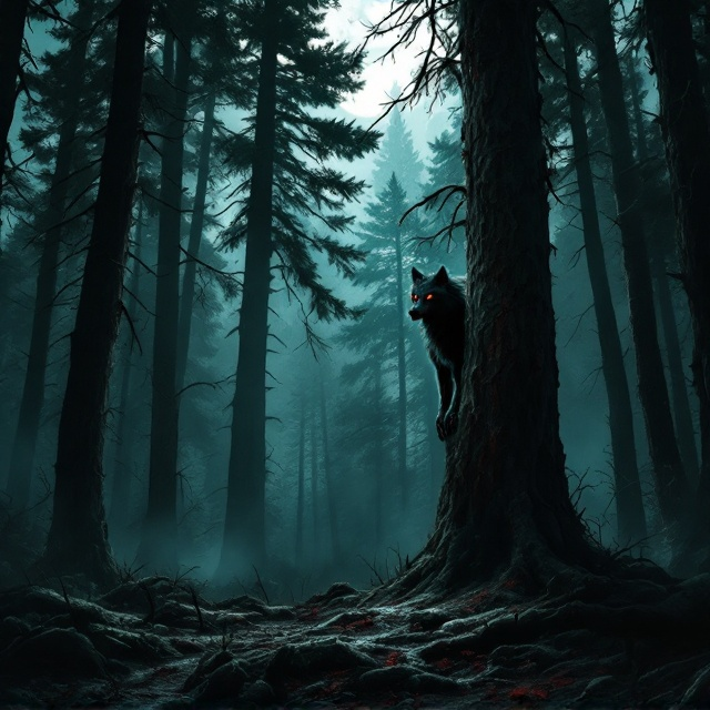 A dark, shadowy forest dominates the cover, with towering, grotesque pine trees stretching upwards, shrouded in mist. A menacing werewolf with glowing, predatory eyes peers from behind one of the trees, partially obscured in shadow to enhance the suspense. The moonlight pierces through the dense canopy, casting eerie, distorted shadows on the forest floor. Small details, like claw scratches on the bark and broken branches, add depth to the scene. The color palette consists of sinister greens, blacks, silvers, and deep reds.