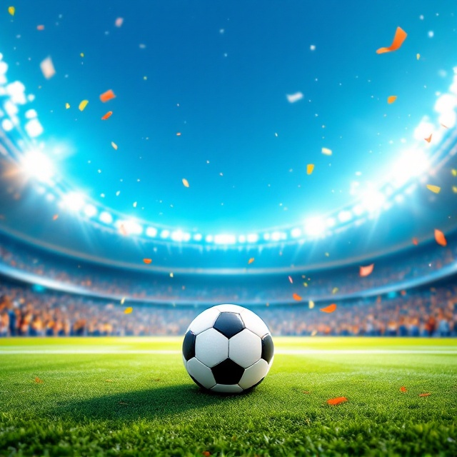 A vibrant football stadium under a beaming bright blue sky creates the backdrop. A joyful crowd is depicted subtly in the bleachers, celebrating, confetti floating through the air. The football in motion is stylized in the foreground as a central element. SSD (the expected element) is faintly incorporated inside the football’s textured design for a modern touch.