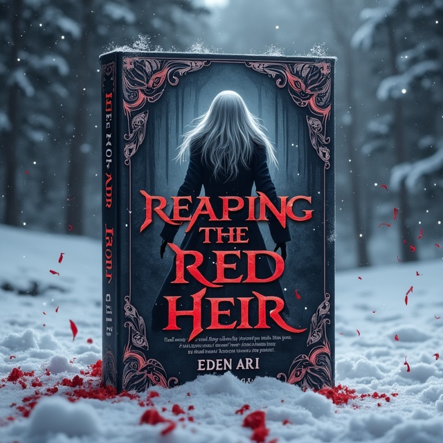 A snowy landscape dominates the background with an eerie, dark sky overhead. The snow on the ground is dusted with streaks of blood-red patches. In the foreground, floating red ribbons wind through the air, leading to a shadowy figure with long, flowing silver hair standing in the distance, partially obscured by the snowfall. The figure appears menacing, wearing a dark cloak. The snow reflects a faint red hue, adding an ominous atmosphere.