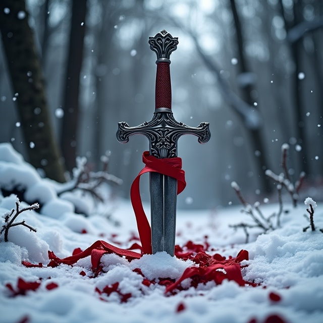 A snowy, foreboding forest fills the background, the trees starkly blackened by shadow, their branches intertwining with dark, thorny vines. Blood spatters dot the snow-covered ground, leading to a single, dynamic focal point—a sleek, silver dagger partially buried in the snow with red ribbons wrapped delicately yet eerily around its hilt. The ribbons unravel outward, threading through the blood-stained snow in an elegant, serpentine flow. Around the cover's edges, a baroque-inspired silver border of intertwined thorns frames the scene. The overall color palette is stark icy whites as the snowy base, deep blacks for shadow work, and rich, bloody reds for drama.