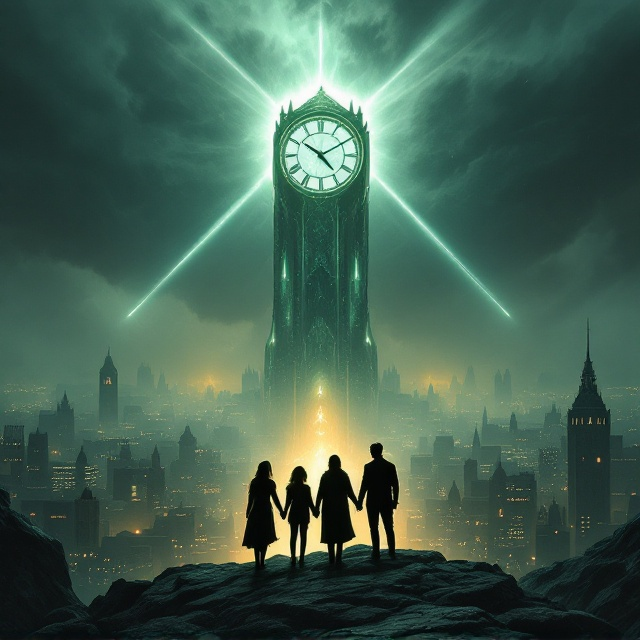 Four silhouetted figures stand hand in hand at the bottom center of the cover, slightly raised on a rocky outcrop. They face an expansive, dystopian cityscape which stretches out under a storm-filled, dark sky. The city is in shades of gray, tinged with ominous greens and reds, with a colossal crystal watchtower adorned with a glowing clock face looming at its center. Beams of light shoot out from the clock, penetrating the gloom and casting long, eerie shadows. In the foreboding clouds, ghostly figures representing War, Famine, Death, and Pestilence can be faintly seen – each holding abstract shapes of a bow, arrow, and other symbolic weapons. Bright illumination behind the silhouettes creates a stark contrast between the darkness surrounding them and a hopeful, warm white light.