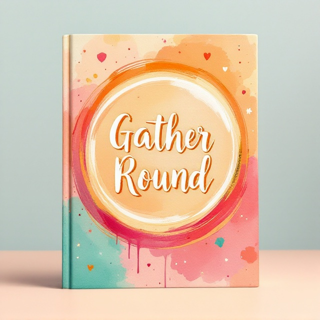 A vibrant watercolor-style background in warm tones, featuring a circular motif in the center created with brushstrokes, symbolizing unity and creativity. Scattered doodles and art journal elements like washi tape, paint splatters, and small hand-drawn hearts and stars radiate outward from the central motif.