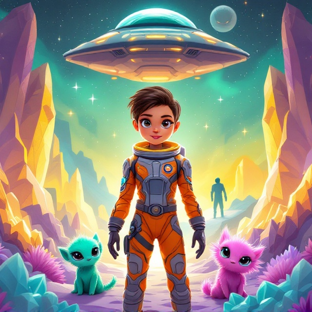 The cover features a vivid cartoon illustration of a young female astronaut standing boldly in the center foreground, wearing a sleek orange and silver space suit with intricate futuristic designs. Surrounding her are three adorable alien creatures with colorful fur (in shades of teal, pink, and lavender) and wide, sparkling eyes. Behind her stretches a mesmerizing alien terrain with glowing crystal structures, soft rolling hills, and ethereal green and purple starry skies. The spaceship hovers above in mid-air, streamlined and minimalistic, with a gleaming metallic finish. A faint silhouette of an ominous robot looms in the background, suggesting tension and mystery.