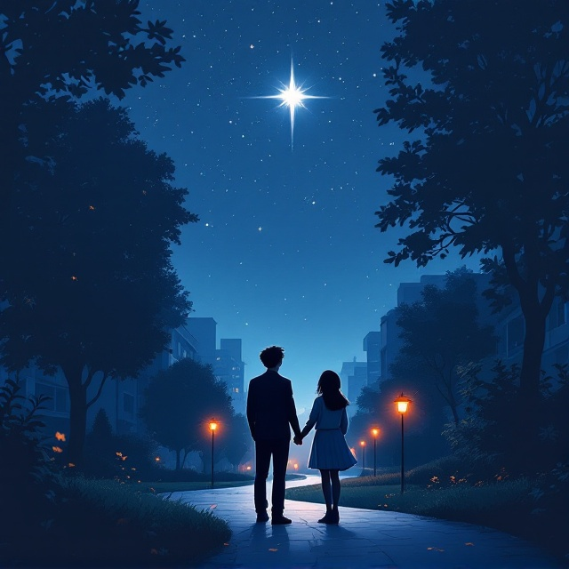 A serene nighttime campus scene forms the background, with a deep blue, star-speckled sky. At the top center, one especially bright star shines prominently. The silhouettes of a boy and a girl stand on a winding tree-lined campus path, holding hands and gazing upward. The boy is dressed in a crisp school uniform, and the girl's light blue skirt slightly flutters as if caught in a soft breeze. The distant buildings of the school campus create a shadowy skyline, with warm, glowing lights from a faraway stage blending softly into the scene. Scattered autumn leaves gently litter the ground, adding an air of seasonal nostalgia. Warm-colored streetlamps line the path, subtly illuminating the couple’s figures.