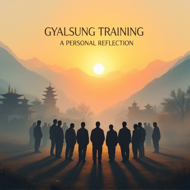 An abstract yet dynamic illustration of a silhouetted group of young cadets standing in a formation on a misty sunrise-lit field. In the background, Bhutanese architecture and mountainous terrain subtly emerge from the haze, blending historical and cultural elements. A faintly glowing Gyalsung emblem is placed prominently near the upper center as a symbol of unity and discipline.