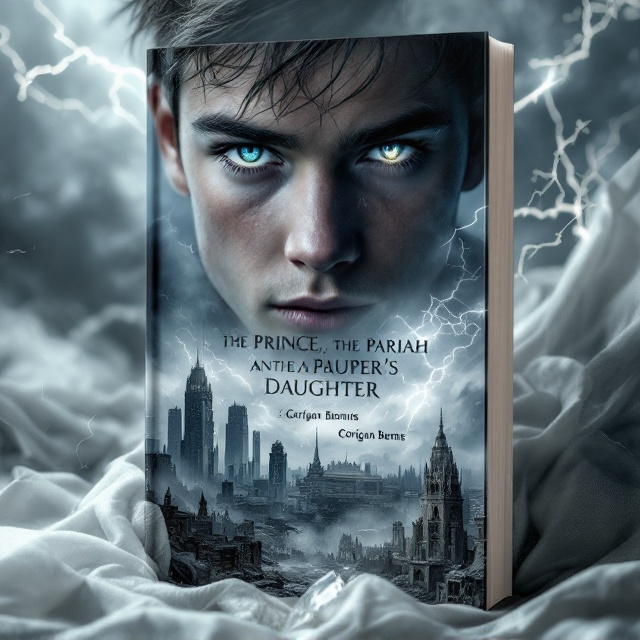 A close-up of a handsome boy's face dominates the upper third of the book cover. His eyes are vivid and reflective like ornate mirrors, catching glimmers of faint lightning bolts within. The city skyline below is in ruins and cloaked in shadow, with jagged skyscrapers faintly visible. Above these ruins, bright streaks of electricity flare against a swirling, stormy white and gray sky, hinting at a clash of nature and technology. Wind flows across the scene, lifting pale white cloth in the foreground, almost ghost-like, evoking a sense of movement. A single raw, cracked crystal rests in the lower foreground, faintly glowing with hope amidst despair.