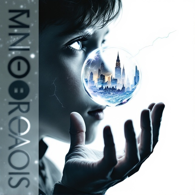 A close-up of a boy's face dominates the cover, with his silver eyes glowing faintly against the stark white background. His hand reaches out delicately towards the center of the cover, where a transparent, iridescent bubble is suspended mid-air. Inside the bubble, a crumbling dystopian cityscape is depicted, with jagged skyscrapers and faint wisps of smoke. The bubble reflects faint light and appears fragile. Lightning streaks across the top right corner, adding a sharp contrast. The edges of the boy's silhouette blur softly into the white background, suggesting hope amidst despair. Subtle mirror-like textures appear near the bottom of the cover, reflecting fragments of the city.