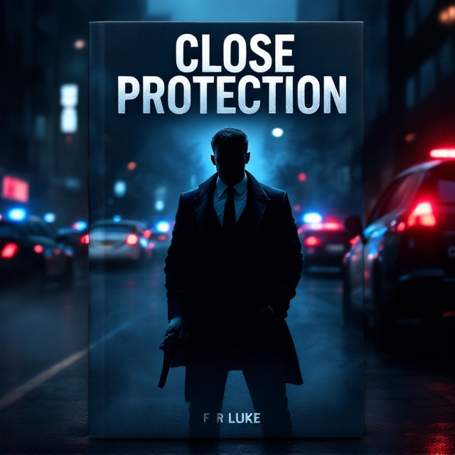A shadowy silhouette of a man in a tailored suit stands at center focus, holding a gun at his side against a dimly lit backdrop of a bustling urban cityscape at night. Police vehicles with flashing red and blue lights partially illuminate the scene in the background, creating a high-intensity atmosphere. The overall tone is dark, with subtle gradients of deep blues, blacks, and grays interspersed with sharp accents of metallic silver and glowing neon. A small, faint emblem resembling a badge is subtly embossed near the bottom corner, adding a hidden layer of intrigue. Smoke or mist weaves across the cover, adding texture and mystery.