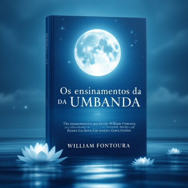 A serene image of a glowing full moon above a calm ocean with gentle ripples, symbolizing peace and spirituality. The moonlight casts a soft bluish glow across the water. Surrounding the moon, faint outlines of spiritual symbols from Umbanda (divine entities or orixás) subtly blend into the night sky. A few delicate white lotus flowers float near the foreground, representing purity and enlightenment. The entire scene is saturated with different calming shades of blue to evoke trust and tranquility, with a subtle gradient from dark navy at the top to lighter blues near the bottom. A subtle, glowing effect surrounds the text to emulate soft divine light.