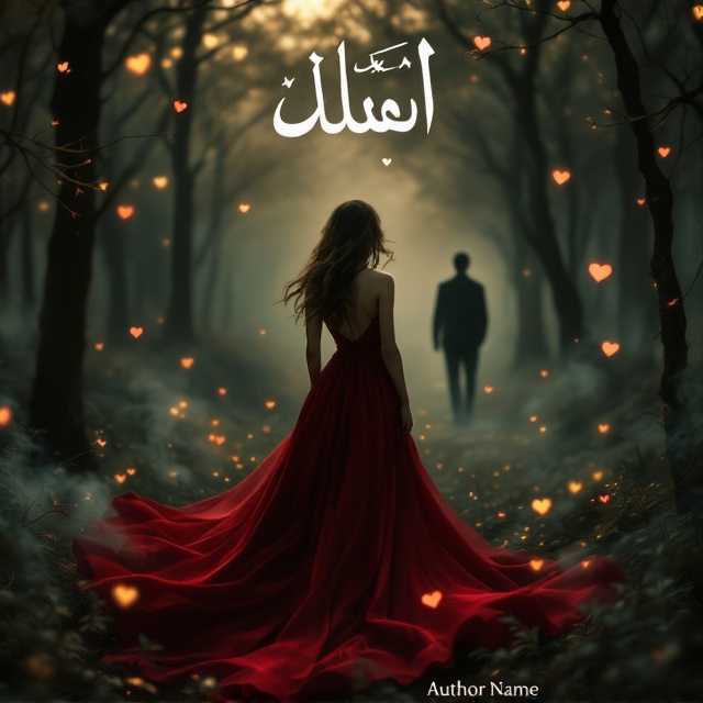 A mysterious and haunting dusk-lit forest forms the background, with soft traces of glowing golden light filtering through the trees. A woman in a flowing red dress is featured from the back, her posture poised yet melancholic, as she seemingly walks away towards an ambiguous silhouette of a man in the distance. Around them, faint tendrils of smoke rise with subtle heart motifs subtly embedded to hint at romance. The Arabic title "كانيبال" is written in a stylized, bold calligraphy, partially overlaying the woman's flowing dress.