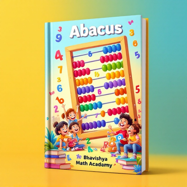 A vibrant and colorful design featuring an oversized abacus as the central focal point. The abacus is tilted at an angle for a dynamic effect and has multicolored beads that create a playful, engaging vibe. Surrounding the abacus are floating numbers in various sizes, colors, and styles that appear to be "jumping" off the page. A group of cheerful, diverse cartoon kids are shown interacting with the abacus, smiling and laughing to evoke a sense of joy and learning. The background is a gradient of light blue transitioning to yellow, symbolizing optimism and creativity.