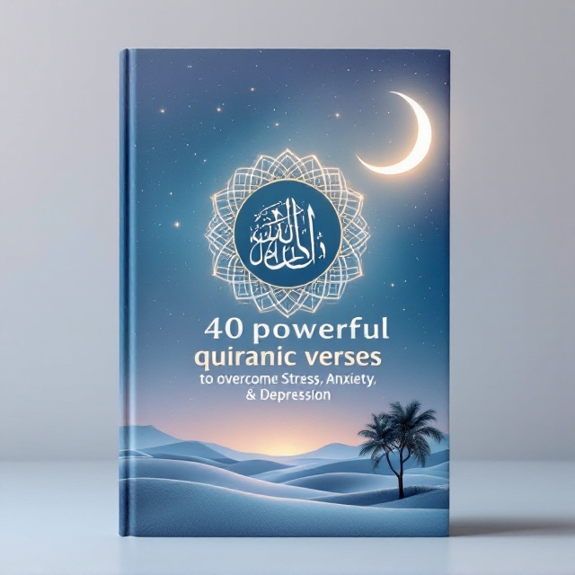 A serene background featuring a subtly glowing crescent moon over a calm, gradient sky transitioning from deep blue to soft lavender. In the foreground, faint golden rays emanate gently from an ornate Quranic verse inscribed in Arabic calligraphy, placed within a delicately patterned circle resembling traditional Islamic art. Below this, a minimalist silhouette of a peaceful landscape with dunes and a single, small palm tree adds grounding to the imagery.