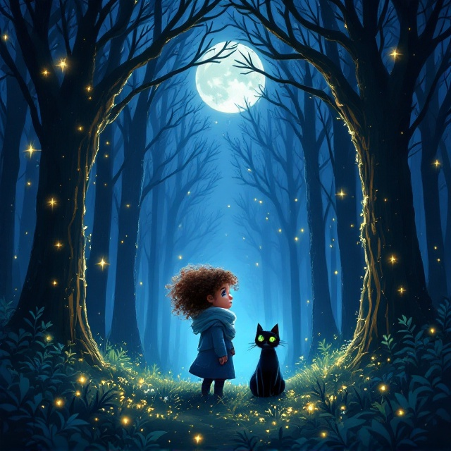 The cover portrays a glowing, moonlit forest with tall, shadowy trees intertwining at the top, giving a natural archway effect. At the centre stands a young girl with curly hair, bundled in a soft scarf, her face lit with awe and quiet determination. Beside her is a sleek black cat with piercing green eyes, sitting poised and alert. The silvery moon casts a magical glow, highlighting the girl and the cat while casting long shadows. Shimmering clusters of crystals rise from the forest floor, creating radiant reflections that mingle with delicate fireflies whose soft golden orbs float around the characters.