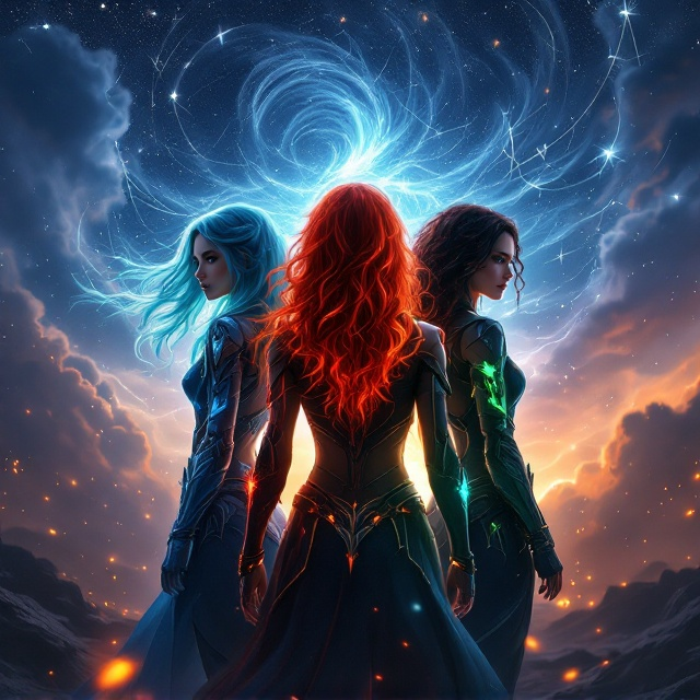 The cover features three teenage girls standing in a triangular formation, their backs against a dramatic and surreal sky filled with swirling clouds, faint constellations, and glowing cracks in the earth. Pearl (blue theme) is on the left with flowing aquamarine hair that glimmers like water waves; her custom costume includes armored detailing with a metallic sheen resembling ice. Janice (red theme) is in the center, her flaming crimson hair rising in sharp, fiery spikes; her costume is bold with flame-like textures and striking angular lines. Ivy (green theme) stands on the right, her deep emerald curls cascading like vines; her costume has forest-inspired detailing with glowing leafy patterns trimming her outfit. Each girl emits an aura matching their theme (blue frost, red flames, and green glow) while their fierce and confident expressions convey determination. The background is an apocalyptic scene showing a fractured world being consumed by chaos, with a faint glimmer of hope rising in the horizon behind them.