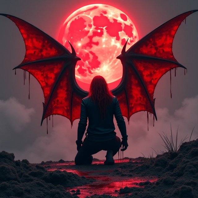 The kneeling figure of a 5’11” man is placed on the middle right of the cover. The wings – dramatically spread and blood-red in color – dominate the left side of the composition. Backlit by a dimly glowing, dark crimson moon, the setting is an eerie, semi-ruined battlefield shrouded in mist. The man is depicted in a state of anguish, head slightly bowed, with blood spilling from the tips of his wings and streaking through his vibrant, long, blood-red hair. His black leather jacket glistens with dew or faint blood markings under the moonlight.