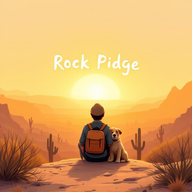 A warm, sun-soaked California desert horizon stretches outward, dominated by a golden-hued sky transitioning to soft pastels. In the foreground, central to the bottom third of the cover, a teenage boy is seen sitting on a low rock, facing the vast expanse of the landscape. He wears a casual beanie and a loose backpack slung over one shoulder. Beside him, there's a medium-sized scruffy dog leaning affectionately against the boy, who is hugging it. Tiny silhouettes of cacti and sparse desert brush dot the scenery. The sun casts long, gentle shadows, adding depth and warmth.