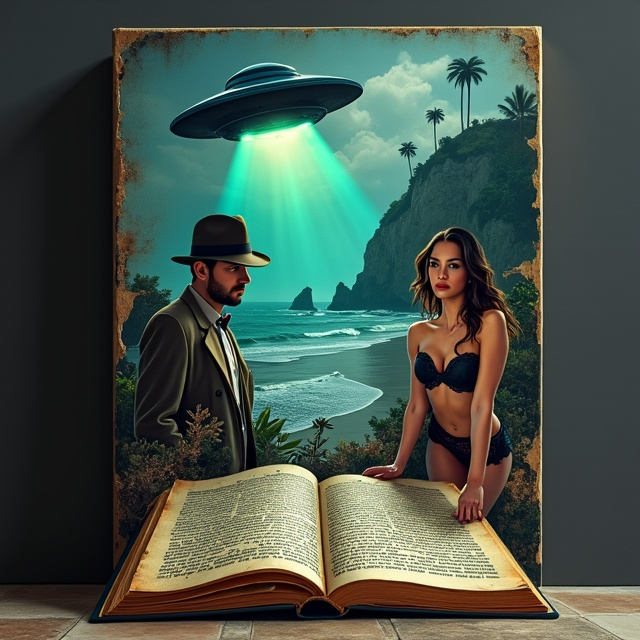 The cover is a dynamic collage mimicking a vintage movie poster. A vivid Rio de Janeiro backdrop, with its iconic curves of Copacabana’s wave-patterned sidewalk and a steep drop-off into dark, foggy abysmal depths, dominates the center. A sleek metallic UFO hovers ominously in the Rio sky, casting an eerie greenish light. Overlapping this scene are a broad, open ancient manuscript with intricate Latin script and burnt edges. On the left, a strikingly handsome detective in a fedora and trench coat gazes thoughtfully, holding a cigarette. On the right, a sultry woman in black lingerie leans against a wall under dim light, her alluring gaze aimed at the viewer. A stocky man in a dark suit stands ominously in the corner, half in shadow, exuding menace. The color palette features moody blues, shadowy grays, and neon greens, infused with faint sepia tones for a mysterious, retro effect.