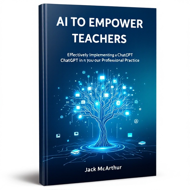 A sleek gradient background that transitions from a vibrant dark blue at the bottom to a soft light blue at the top. The central visual features a futuristic digital tree with glowing circuit-like branches, symbolizing the fusion of education and technology. Subtle overlays of binary codes and flowing light lines further emphasize the tech theme. Around the tree are scattered icons of teaching tools, books, and AI-related symbols.
