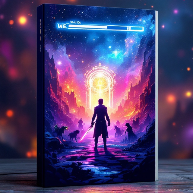 The cover showcases a vivid scene of a pixelated fantasy battlefield stretched across a vast gaming universe. On the left, a futuristic warrior holds a glowing sword, standing in silhouette against a distant, shimmering respawn portal. On the right, fantastical creatures shaped with pixel art style emerge from a swirl of magical mist. A health bar floats at the top-center of the composition, partially depleted. The background alternates between glowing celestial skies and digital glitches, creating a fusion of fantasy and gaming culture. The colors are bold, mixing vibrant neon blues, purples, and golds with darker undertones of black and metallic silver to evoke a sense of excitement and intensity.